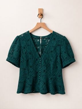 Free People Boho Emerald Green Lace Button Front Peplum Top Size Small NWOT